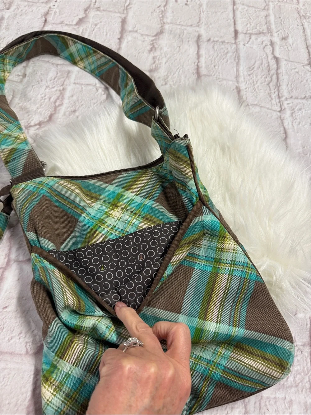 Thirty-one Brown Plaid Crossbody with Teal and Brown Accents